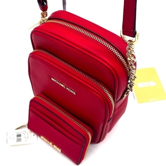 Michael Kors Medium NS Chain Xbody Bag & Jet Set Travel Medium ZA Card Case Red - Picture 11 of 12